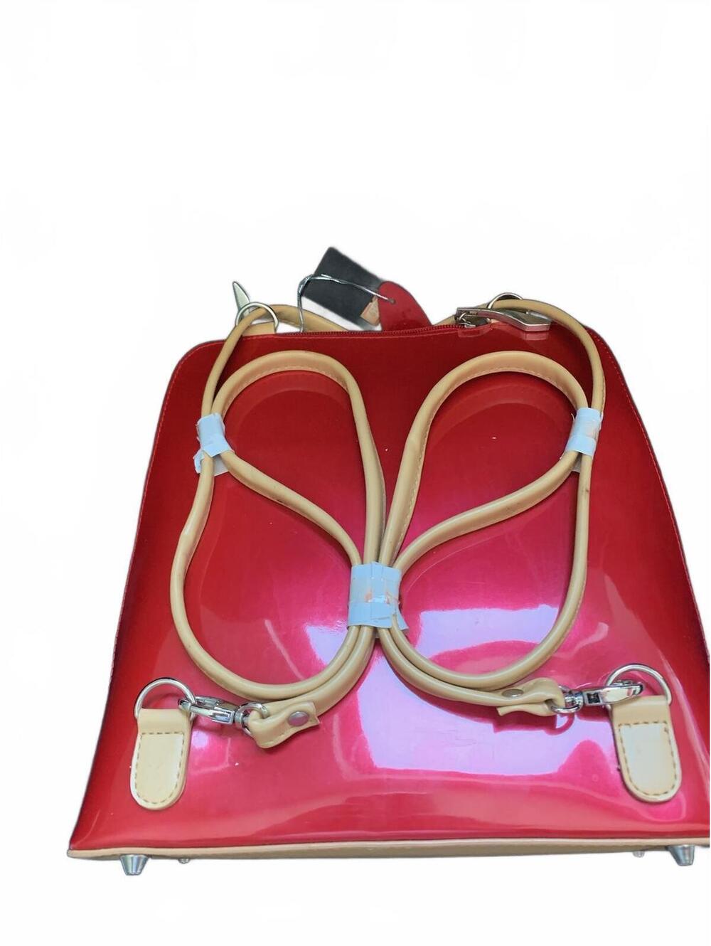 Beijo Convertible Backpack Shoulder Bag Red and Beige Patent